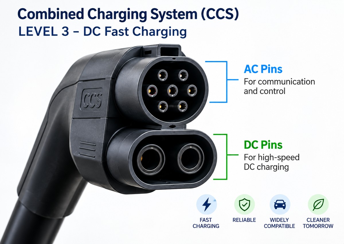 CCS connector AC and DC pins - Level 3 DC fast charging CCS connector AC and DC pins - Level 3 DC fast charging